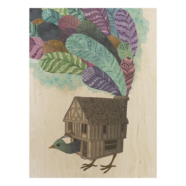 Obrazy na ścianę Ilustracja domku dla ptaków z piórami