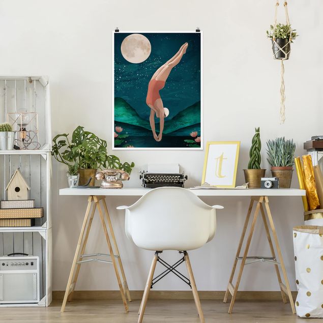 Obrazy nowoczesny Ilustracja kąpiącej się kobiety Księżyc malarstwo