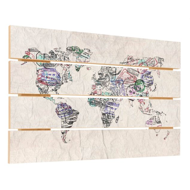 Obraz z drewna - Mapa świata z pieczątką paszportową