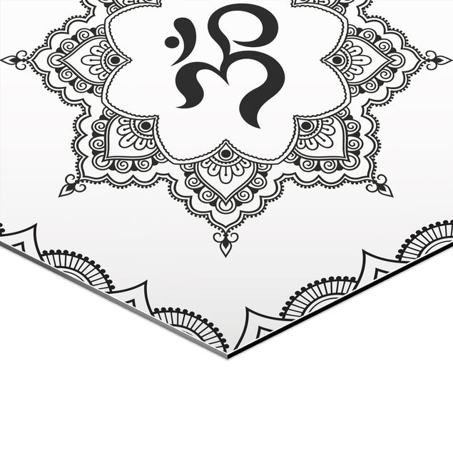 Obraz heksagonalny z Alu-Dibond 3-częściowy - Hamsa Hand Lotus OM Zestaw ilustracji czarno-biały