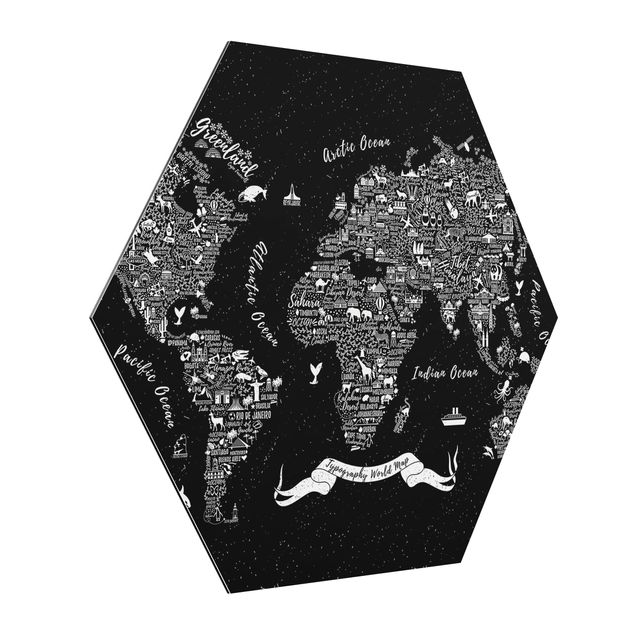 Obraz heksagonalny z Alu-Dibond - Typografia mapa świata czarna