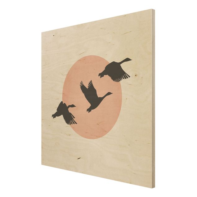 Obrazy drewniane Ptaki na tle różowego słońca III