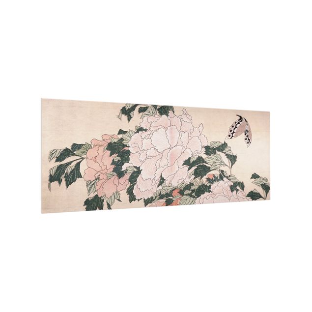 Panele szklane do kuchni Katsushika Hokusai - Różowe piwonie z motylem
