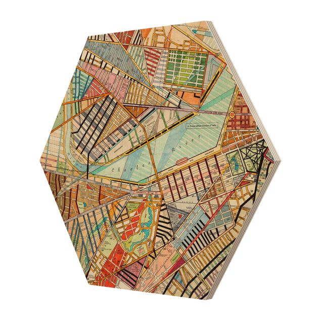 Obraz heksagonalny z drewna - Nowoczesna mapa Bostonu