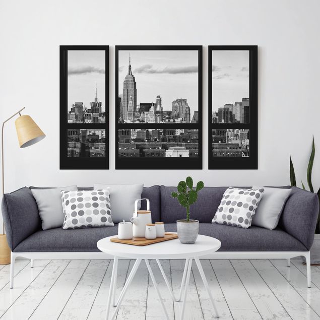 Obrazy do salonu Okna z widokiem na panoramę Nowego Jorku czarno-białe