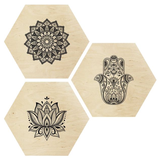 Obraz heksagonalny z drewna 3-częściowy - Mandala Hamsa Zestaw Lotos Ręczny na Białym