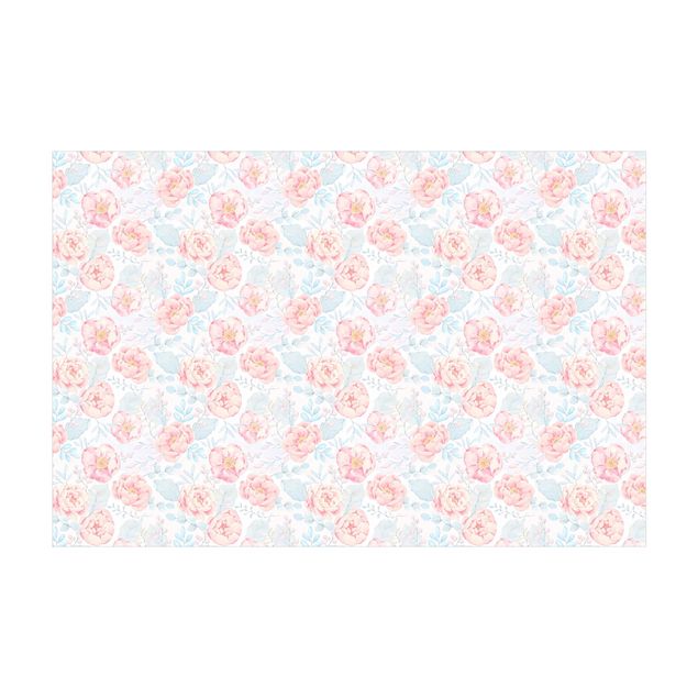dywan w kwiaty Różowe kwiaty z jasnoniebieskimi liśćmi