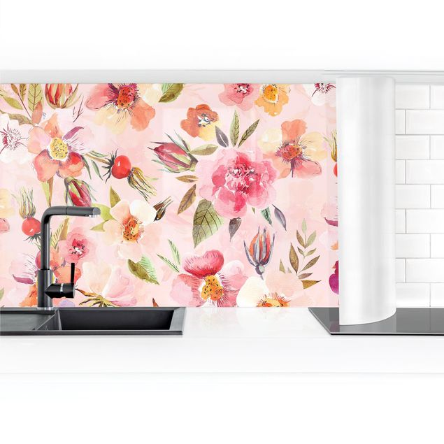 Panel szklany do kuchni Akwarelowe Kwiaty na różowo