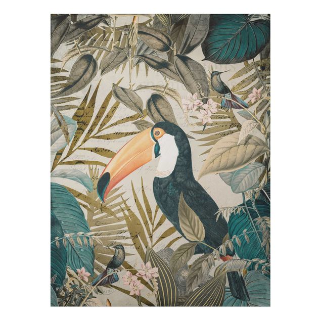 Obrazy do salonu nowoczesne Kolaże w stylu vintage - Tukan w dżungli