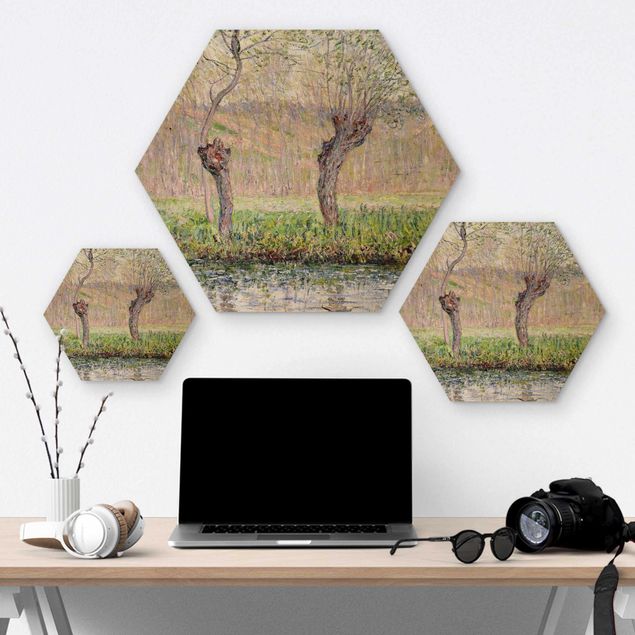 Obraz heksagonalny z drewna - Claude Monet - Drzewa wierzbowe na wiosnę