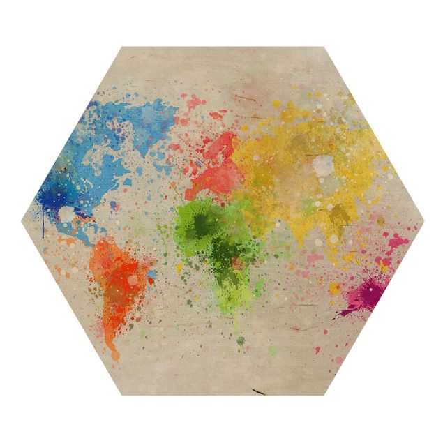 Obraz heksagonalny z drewna - Mapa świata z kolorowym rozbryzgiem