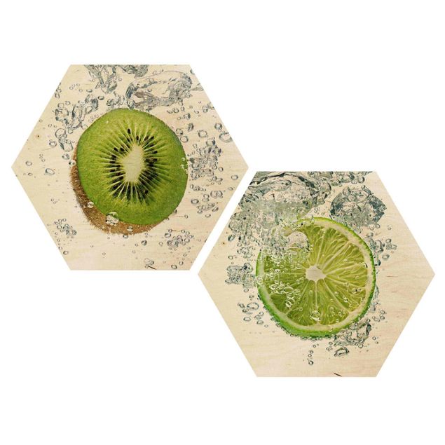 Obraz heksagonalny z drewna 2-częściowy - Bąbelki z kiwi i limonki