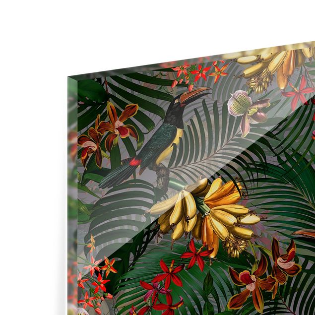 Panel szklany do kuchni - Tropical Ferns With Tucan Green