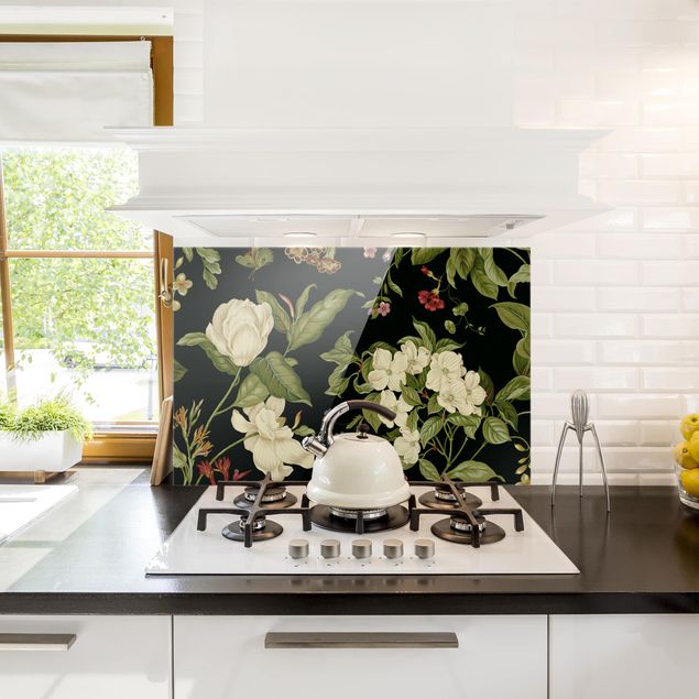Panel szklany do kuchni Kwiaty ogrodowe na czarnym tle I