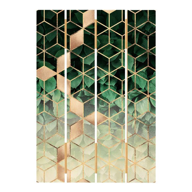 Obrazy na drewnie Zielone liście złota geometria