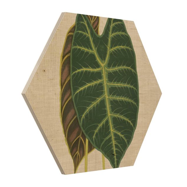 Obraz heksagonalny z drewna - Liście na lnie I