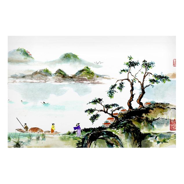 Obrazy do salonu nowoczesne Japońska akwarela do rysowania jeziora i gór