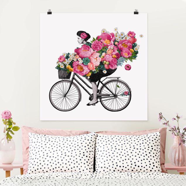 Dekoracja do kuchni Ilustracja Kobieta na rowerze Kolaż kolorowych kwiatów