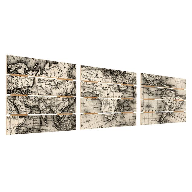 Obraz z drewna 3-częściowy - Szczegóły starej mapy świata