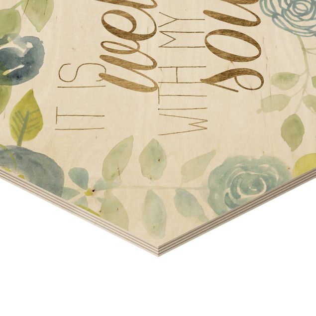 Obraz heksagonalny z drewna - Wieniec z kwiatów z napisem - Dusza