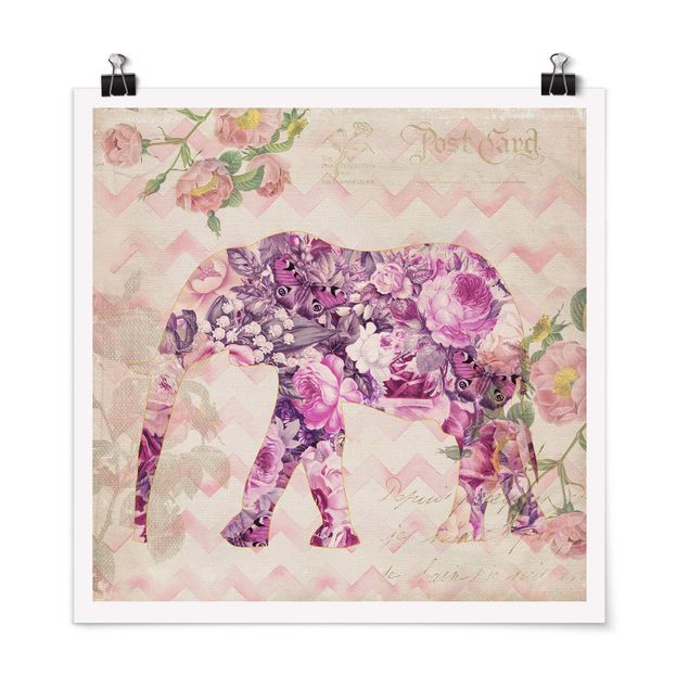 Obrazy ze zwierzętami Kolaż w stylu vintage - różowe kwiaty, słoń