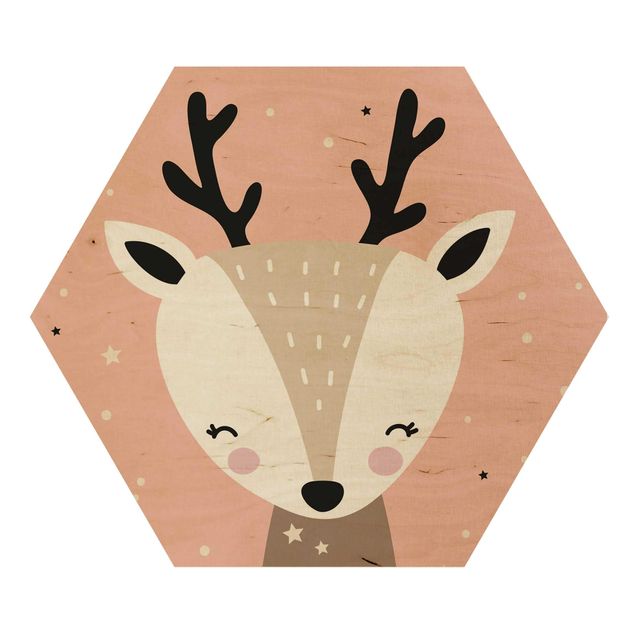 Obraz heksagonalny z drewna - Happy Deer (Szczęśliwy jeleń)