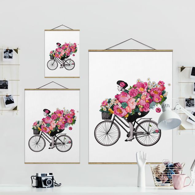 Obrazy kwiatowe Ilustracja Kobieta na rowerze Kolaż kolorowych kwiatów