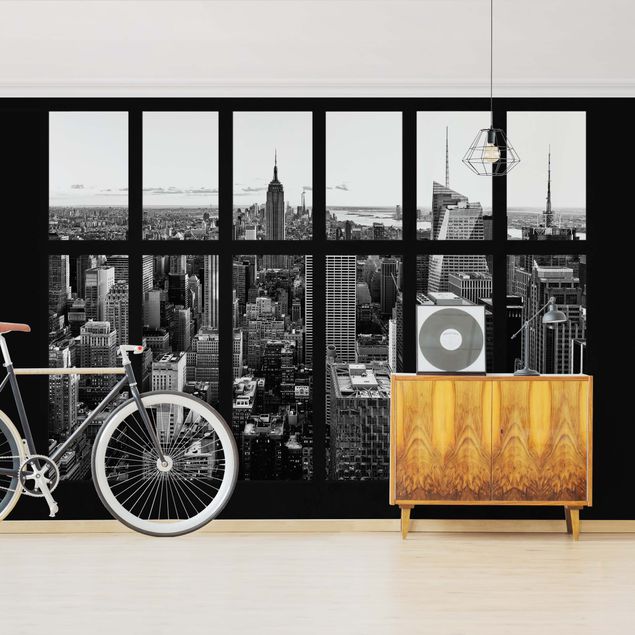 Dekoracja do kuchni Okno Manhattan Skyline czarno-białe