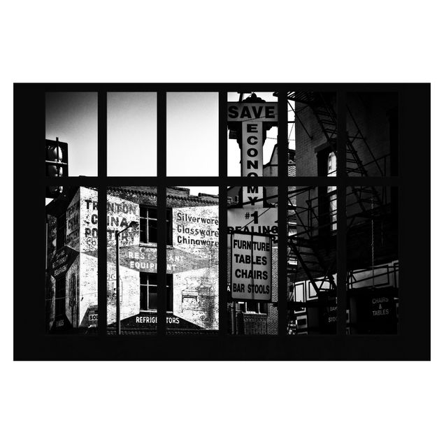 Fototapeta - Widok z okna na fasadę amerykańskiego budynku czarno-biały