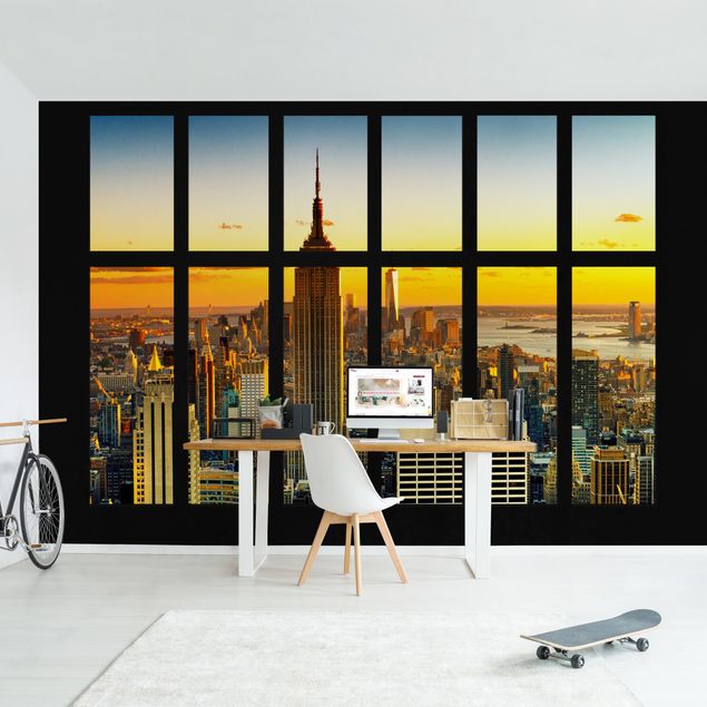 Fototapeta - Widok z okna na Manhattan Skyline Zachód słońca