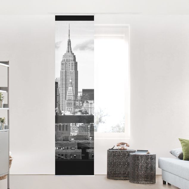 Dekoracja do kuchni Okna z widokiem na panoramę Nowego Jorku czarno-białe