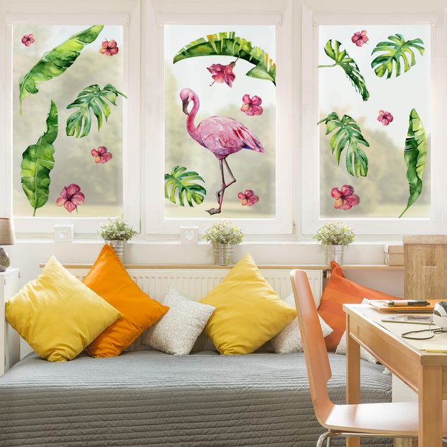 Folia okienna do salonu Zestaw liści flaminga do dżungli