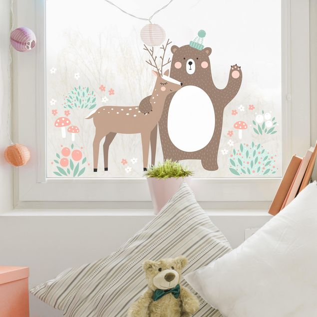 Folia okienna dla dzieci Przyjaciele z lasu z niedźwiedziem i jeleniem
