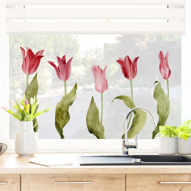 Folia okienna do sypialni Czerwona akwarela Tulipany
