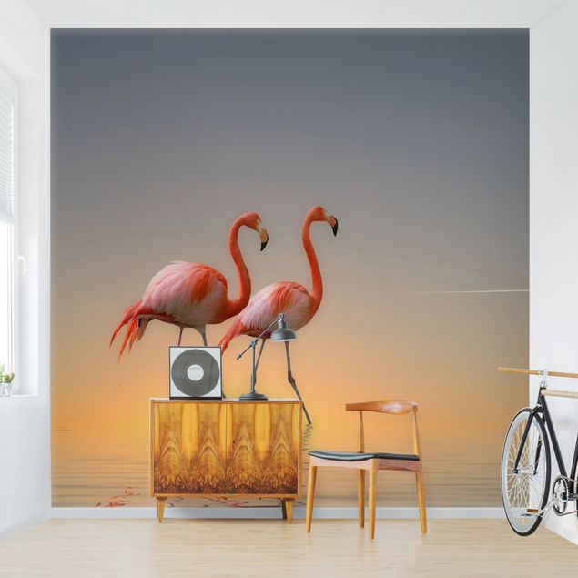 Fototapety zachód słońca Miłość flaminga