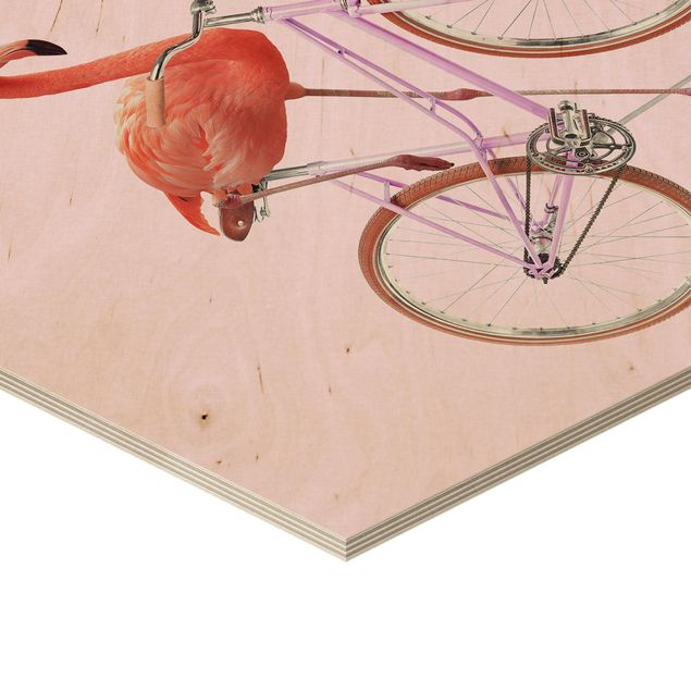 Obrazy drewniane Flamingo z rowerem
