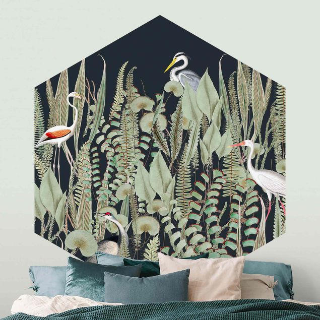 Dekoracja do kuchni Flamingo i bocian z roślinami na zielonym tle