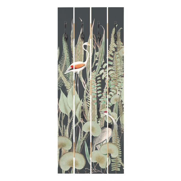 Wieszak ścienny - Flamingo i bocian z roślinami na zielonym tle