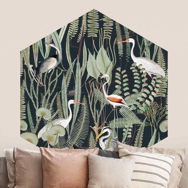 Dekoracja do kuchni Flamingi i bociany z roślinami na zielonym tle