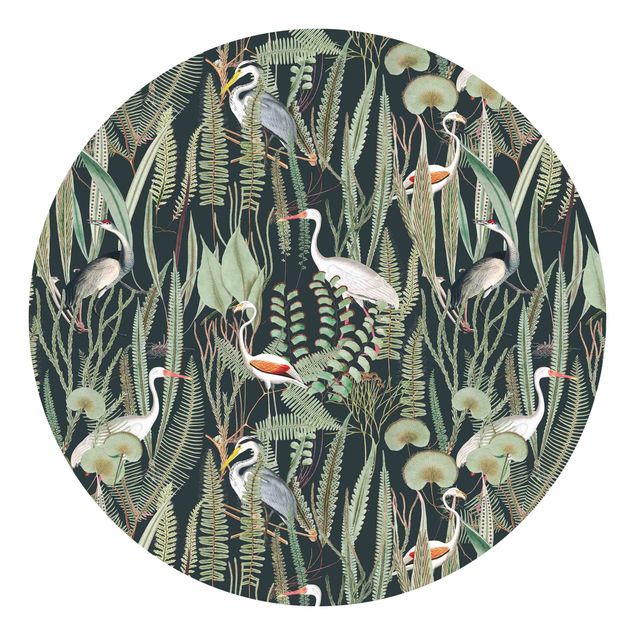 Tapeta zielona Flamingi i bociany z roślinami na zielonym tle