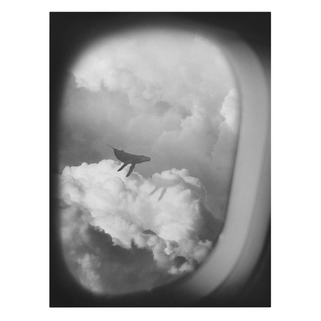 Obrazki czarno białe Latający wieloryb w chmurach