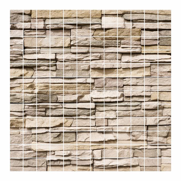 Naklejka na płytki - Asian Kamienna ściana - kamienny mur z dużych jasnych kamieni.