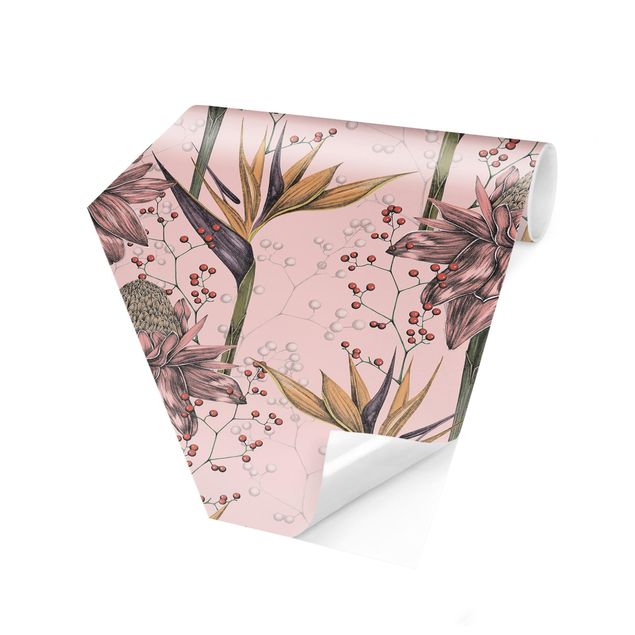 Sześciokątna tapeta samoprzylepna - Floral Elegance Vintage Strelitzie na różowo XXL