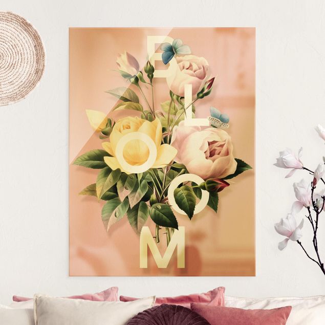Obrazy na szkle róże Kwiatowa typografia - Bloom