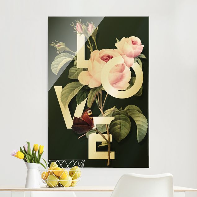 Obrazy na szkle róże Kwiatowa typografia - miłość