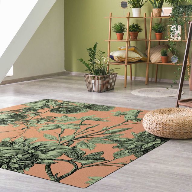 nowoczesny dywan Grawerowanie miedzią kwiatową Wiklina Mech zielony