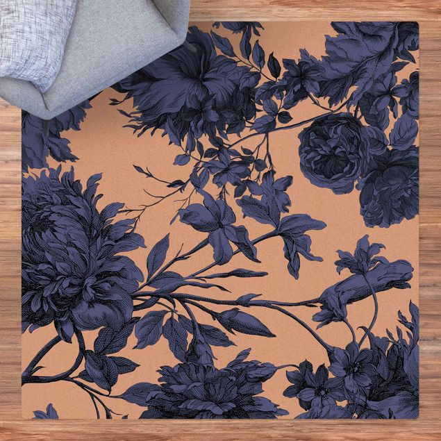dywany nowoczesne Grawerowanie miedzią kwiatową Wiklina Nocny niebieski