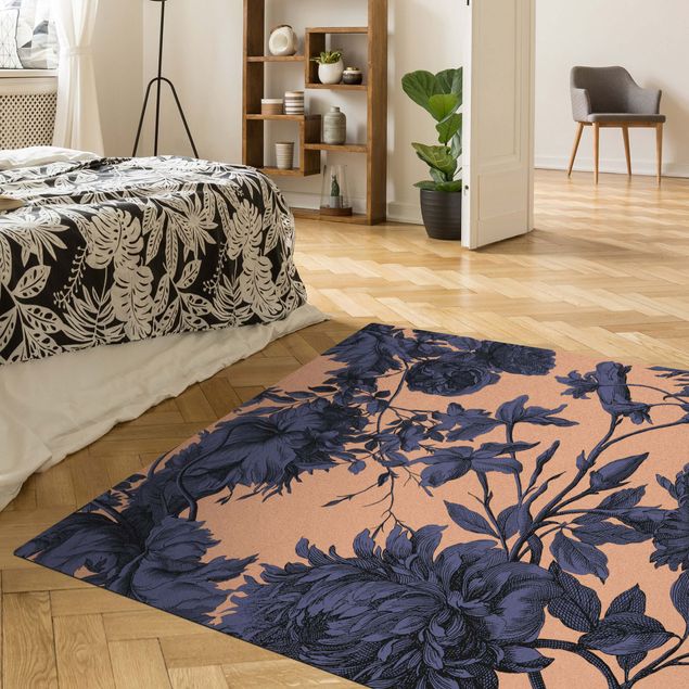 vintage dywan Grawerowanie miedzią kwiatową Wiklina Nocny niebieski