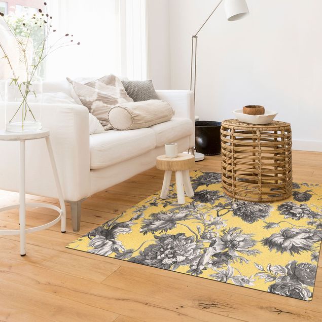 dywany w kwiaty Grawerowanie miedzią kwiatową Szaro-żółty