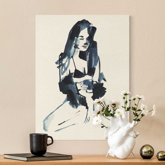 Obrazy nowoczesne Kobieta w niebieskim tuszu z kawą